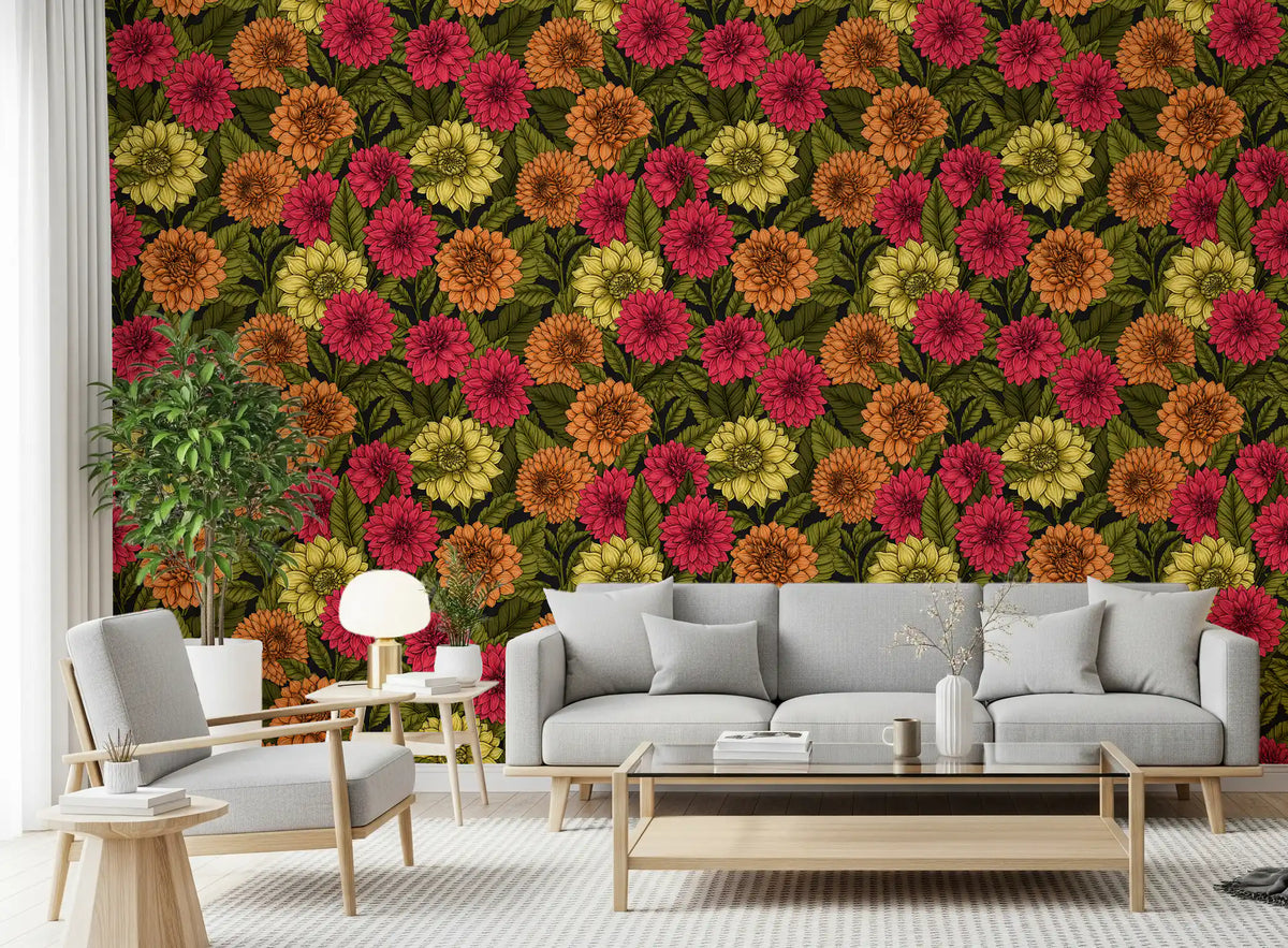 Sunlight illuminates the colorful Dahlia garden wallpaper inside this spacious living room