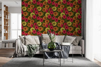 Floral Dahlia wallpaper surrounds the eating area in this contemporary Living room.