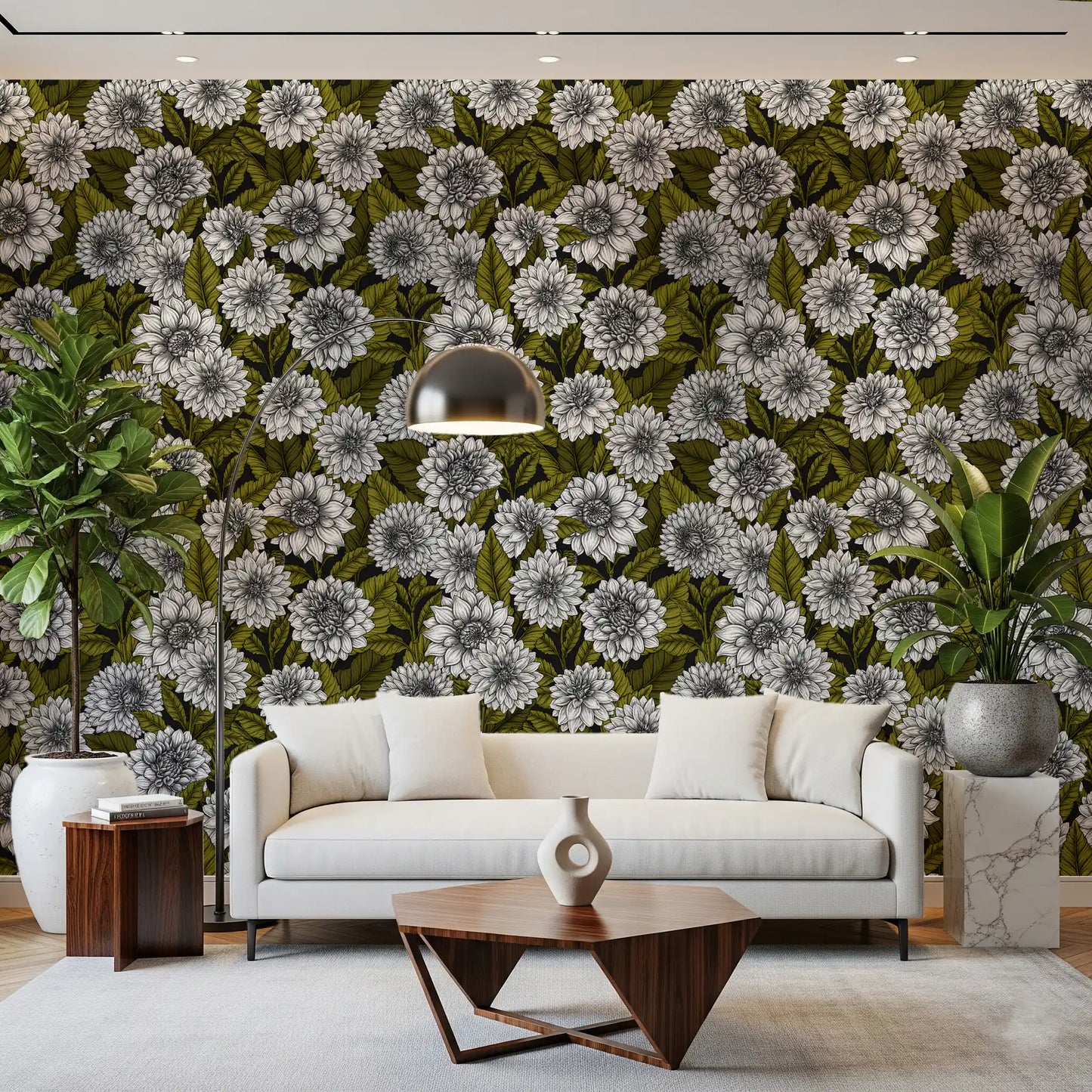 Inspect the dense foliage illustrating our classic White Dahlia garden wallpaper.