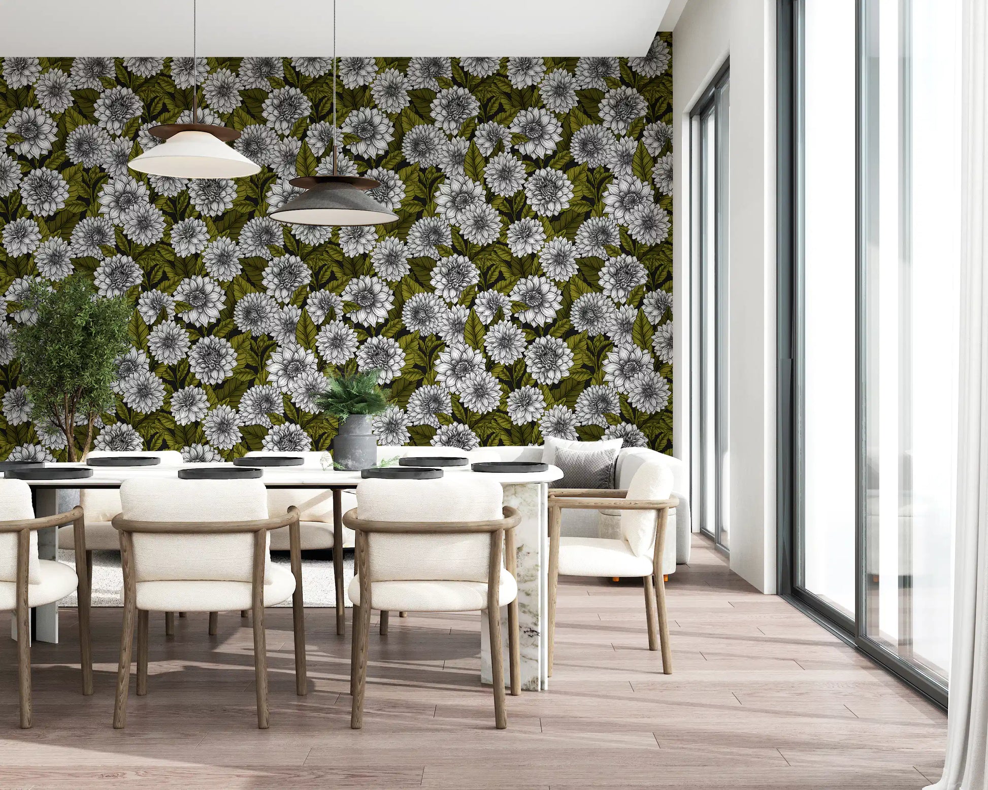 Dark floral motifs complete a cozy Dining room using this distinct garden wallpaper.
