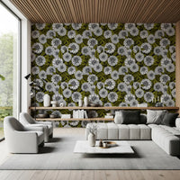 Oversized botanical graphics establish a quiet Lounge displaying this White wallpaper.