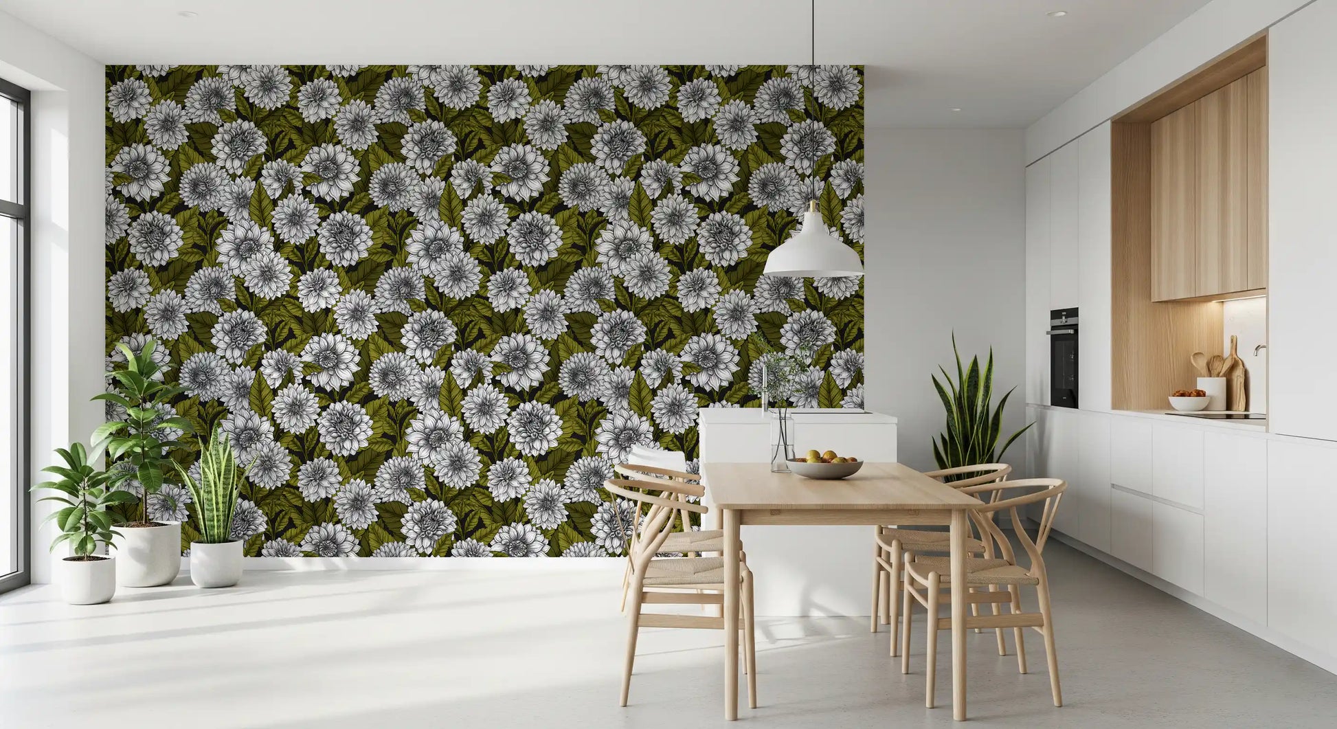 Shadows contour each blooming flower head presented by the vintage garden wallpaper.