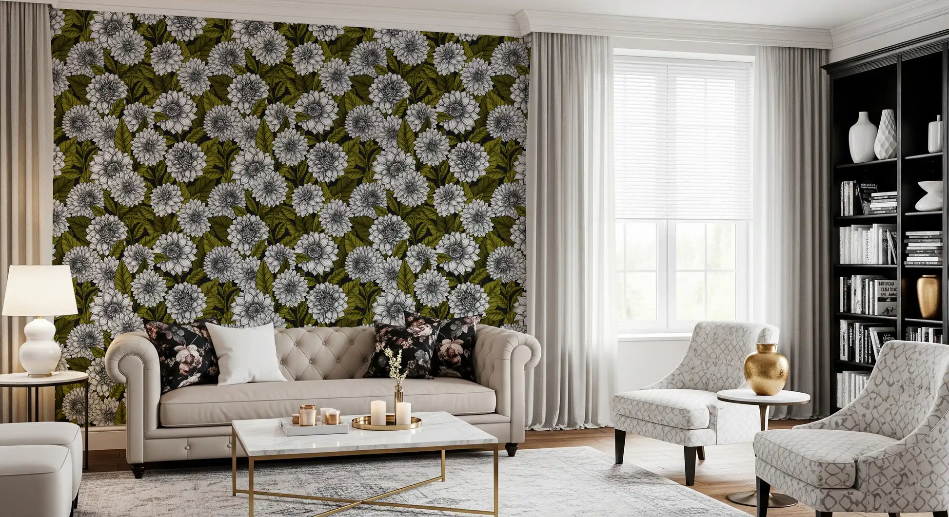 White Dahlia garden wallpaper adds character to an open Living room space easily.