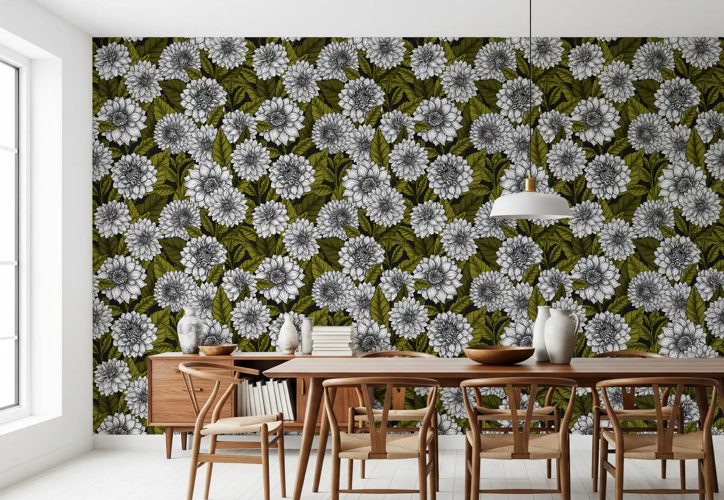 The White Dahlia garden wallpaper spans a spacious Dining room alongside neutral .