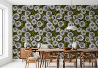 The White Dahlia garden wallpaper spans a spacious Dining room alongside neutral .