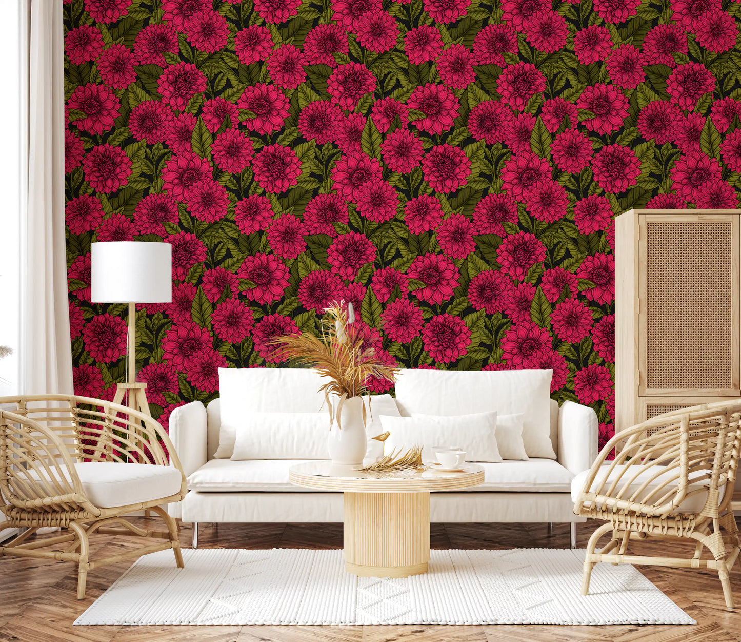 The garden wallpaper runs across the architecture of the modern lounge.