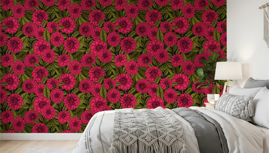 Deep pink floral patterns from the Dahlia garden Wallpaper complete the modern bedroom.