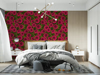 Bright magenta blooms overlap textured green leaves across the botanical garden wallpaper.