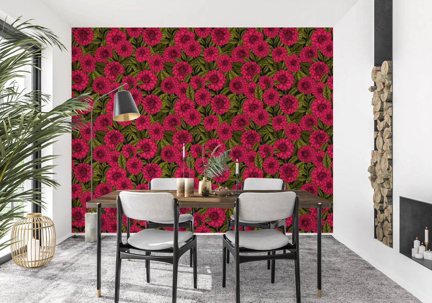 A spacious dining room showcases the striking dark background of the Dahlia wallpaper.