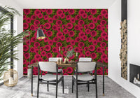 A spacious dining room showcases the striking dark background of the Dahlia wallpaper.