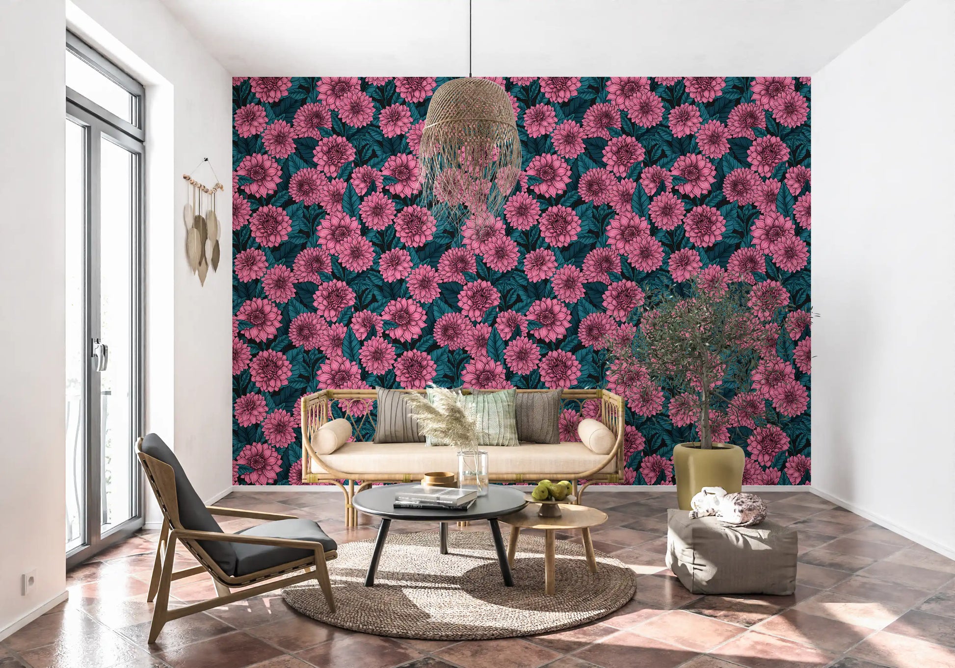 Lush foliage on the leaves wallpaper complements the interior of a relaxing Lounge area.
