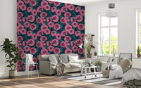 A spacious lounge features the vibrant Pink Dahlia garden blue leaves wallpaper.