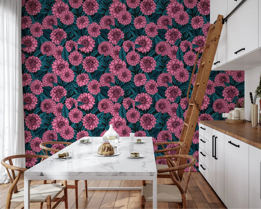 Pink Dahlia garden blue leaves wallpaper covering a modern kitchen dining area elegantly.