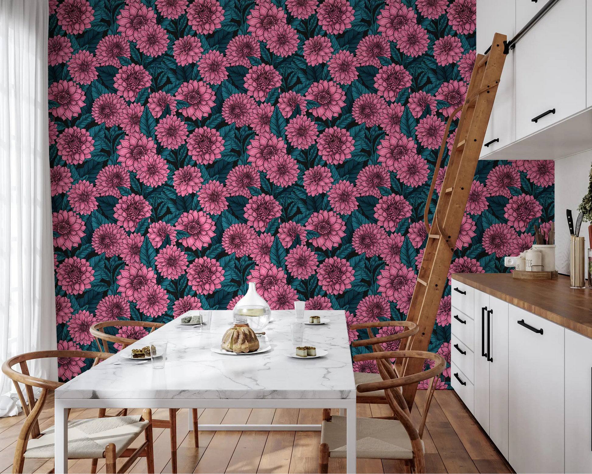 Pink Dahlia garden blue leaves wallpaper covering a modern kitchen dining area elegantly.