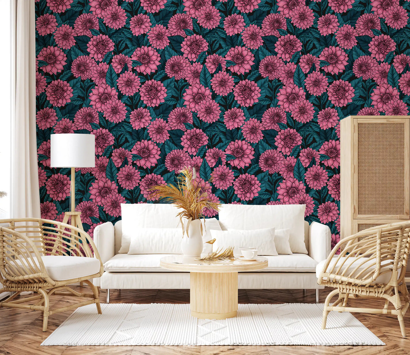 Pink Dahlia garden// blue leaves Wallpaper⁠