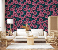 Botanical patterns shine on the Dahlia wallpaper placed inside a bright living room.