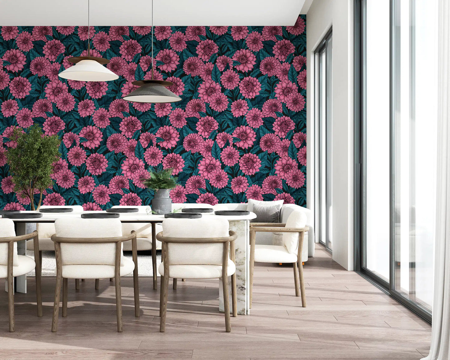 High contrast shading shapes the Pink Dahlia garden blue leaves wallpaper motif.
