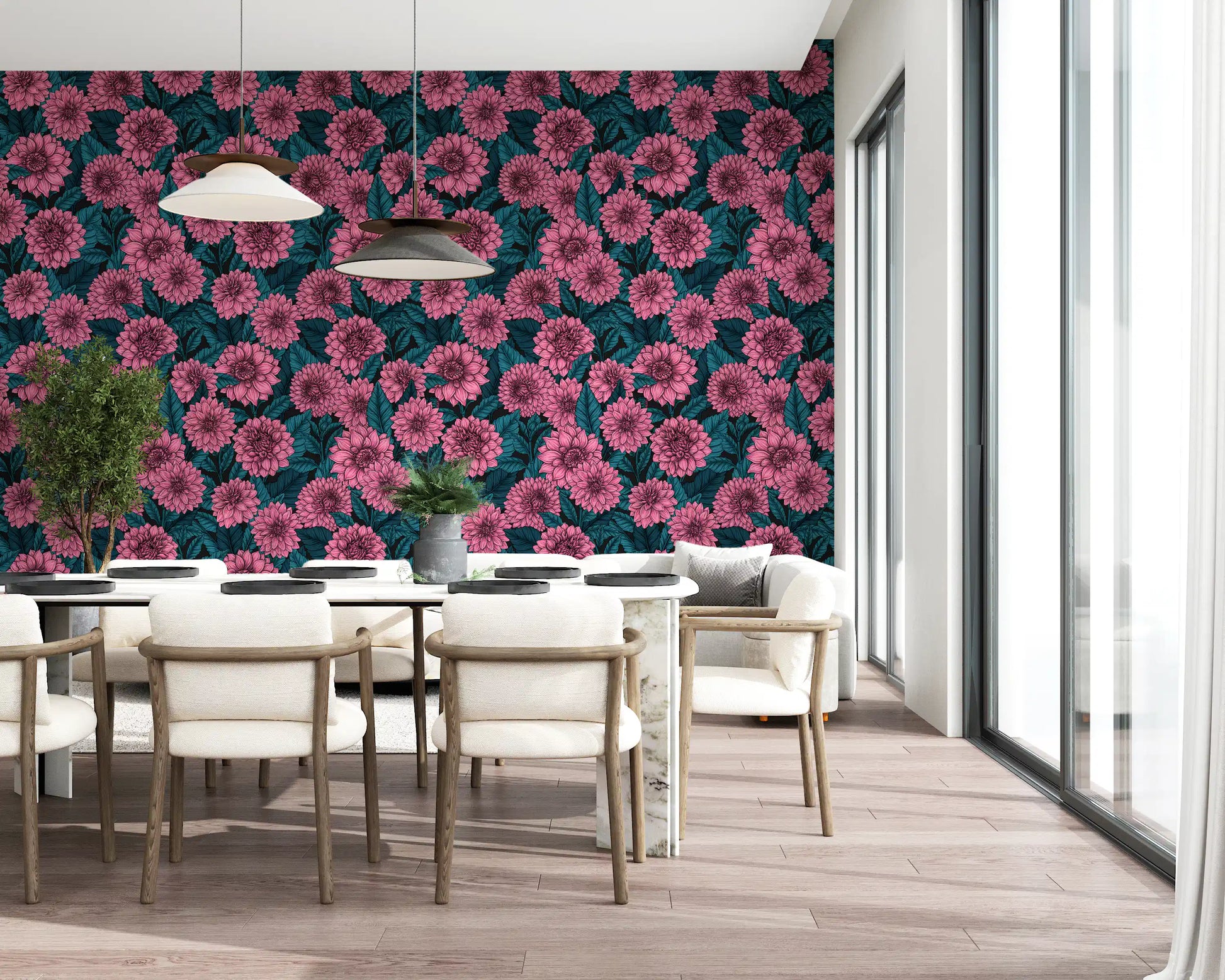 High contrast shading shapes the Pink Dahlia garden blue leaves wallpaper motif.