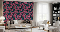 Detailed pink blossoms interlock throughout the Pink Dahlia garden blue leaves wallpaper.