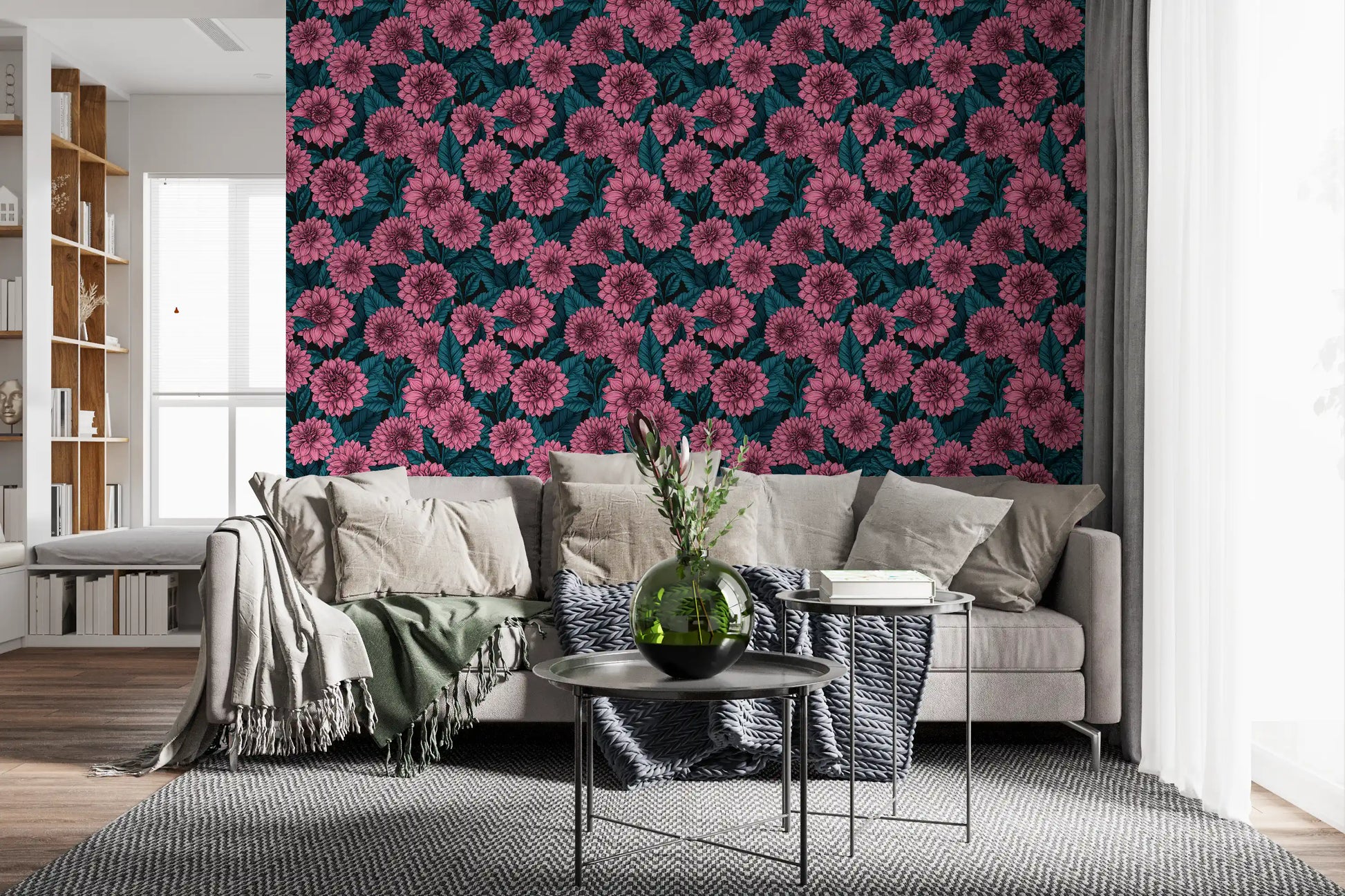 The Pink Dahlia garden blue leaves wallpaper adds bold colour to this Living room .