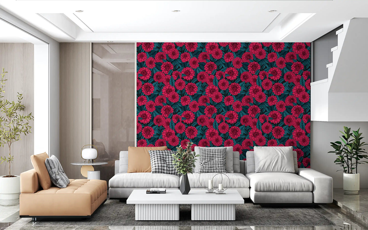 The modern lounge displays this Red Dahlia blue leaves wallpaper beautifully.
