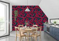 Minimalist seating sits beneath our detailed blue leaves Dahlia wallpaper in a Kitchen-dining area.