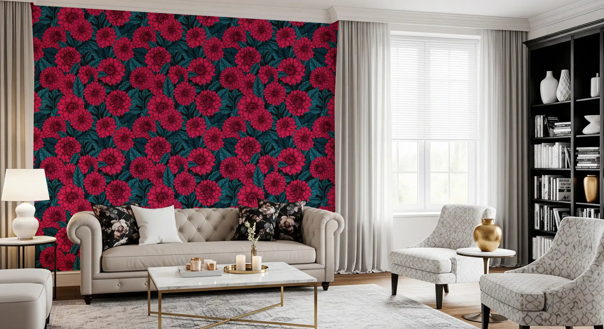 Detailed pink petals cluster together on the Red Dahlia garden blue leaves wallpaper.
