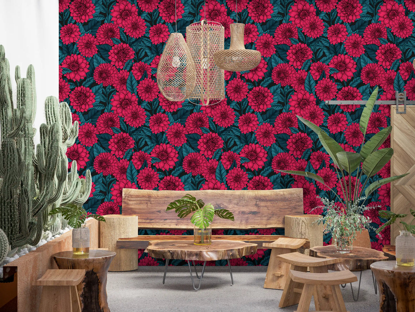 Red Dahlia garden/blue leaves Wallpaper⁠