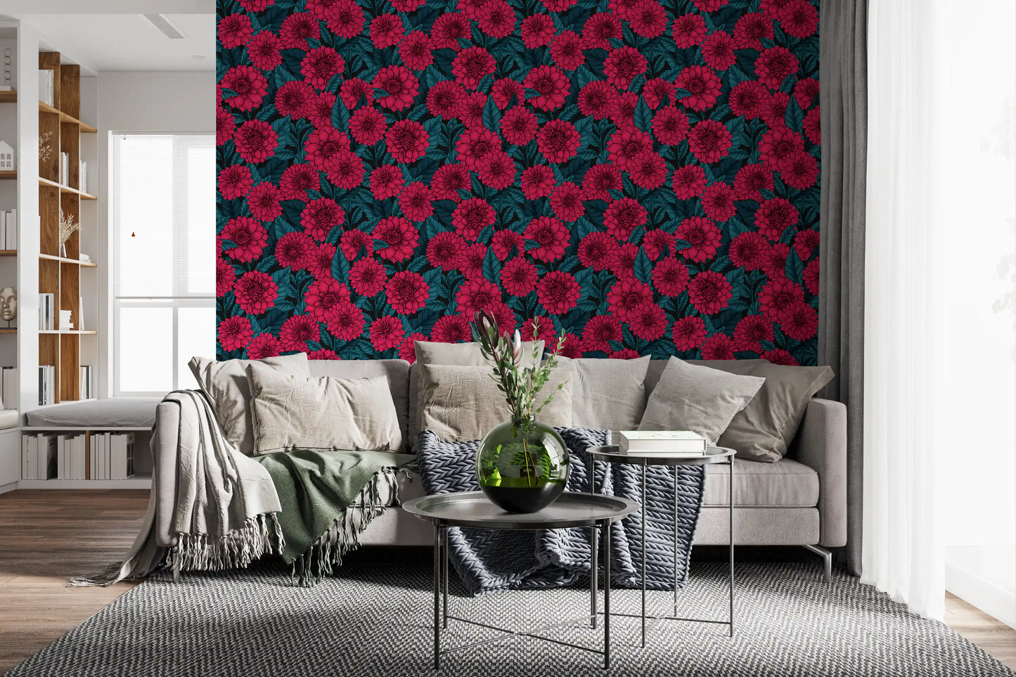 Bright daylight illuminates the Red Dahlia garden blue leaves wallpaper in a Living room.