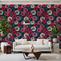 Generous lounge seating rests below the dark garden wallpaper.