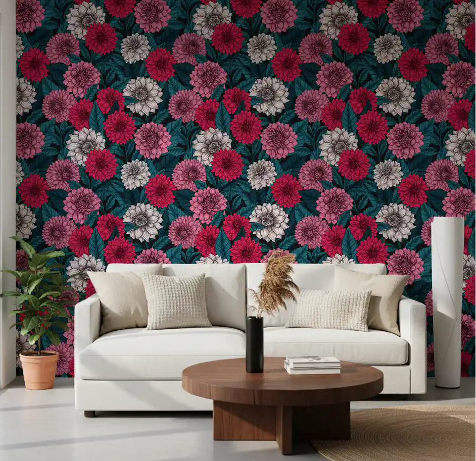 Dahlia garden pink red and white flowers blue leaves wallpaper suits a living room.