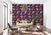 Dense botanical linework shapes the lovely pink wallpaper.