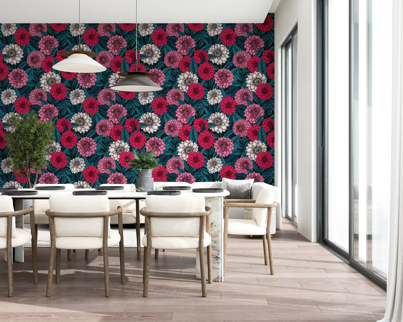 Dahlia garden/pink/red and white flowers/blue leaves Wallpaper⁠