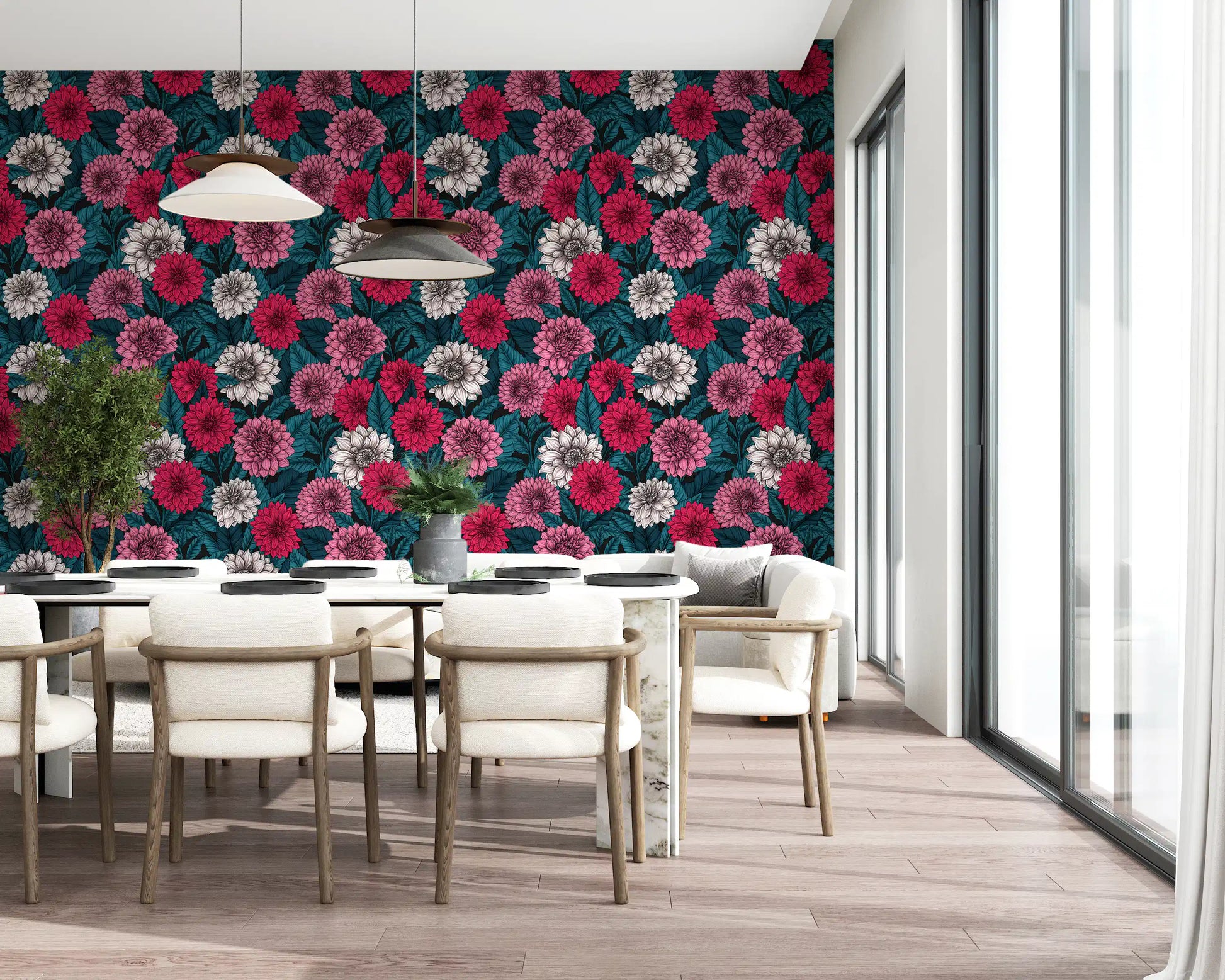 A dining room features the bright Dahlia wallpaper wonderfully.