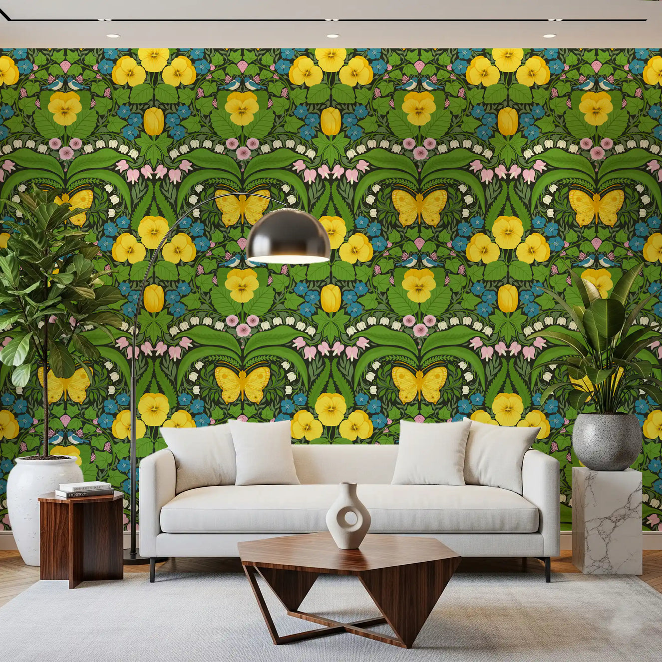 Dollhouse garden, Yellow pansies, birds and butterflies Wallpaper⁠