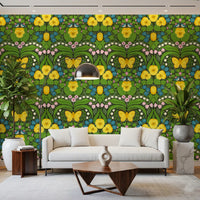 Lounge areas suit the Dollhouse garden, Yellow pansies, birds and butterflies wallpaper.