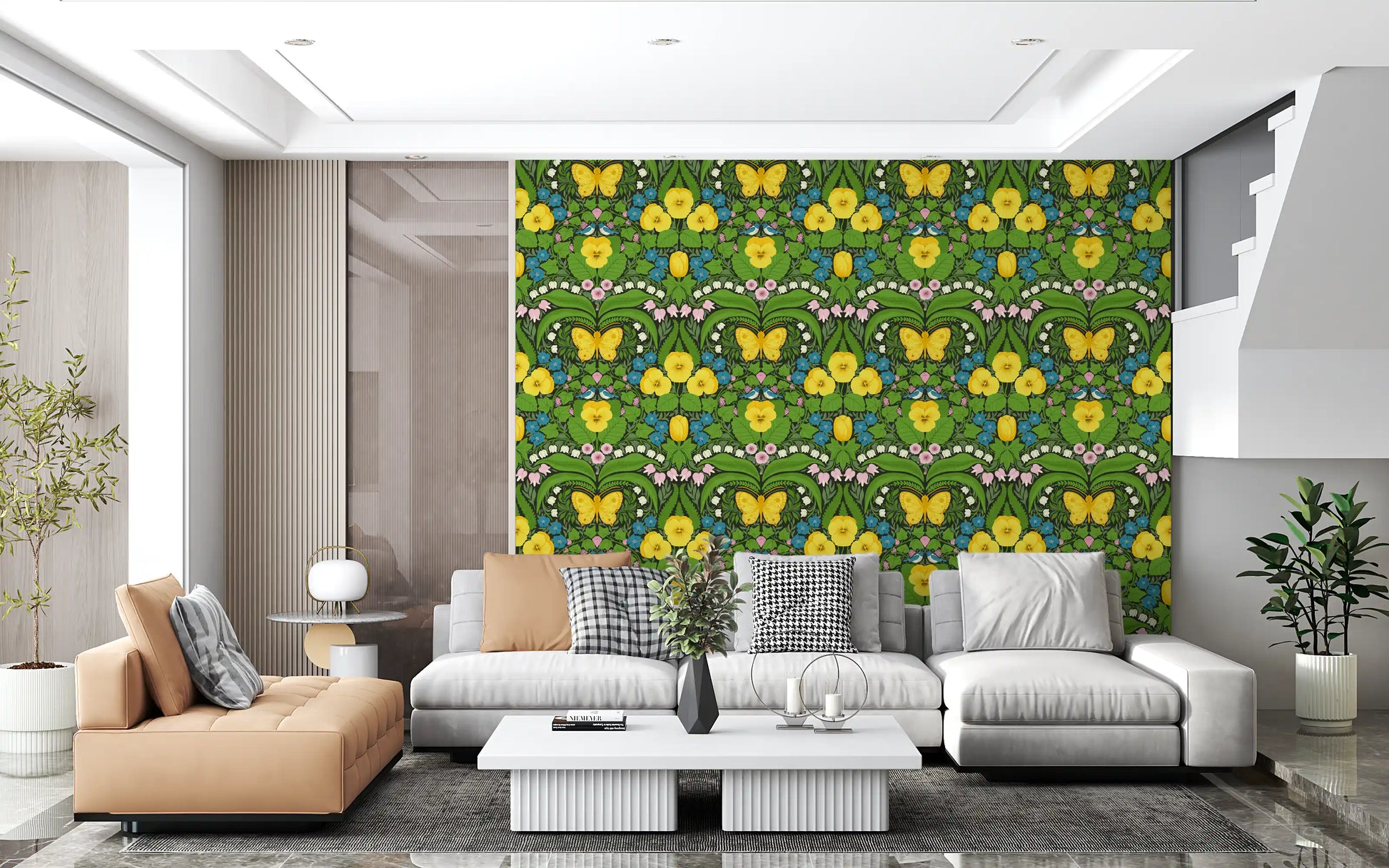 Rich details fill the Dollhouse garden, Yellow pansies, birds and butterflies wallpaper.