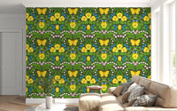 Vibrant pansies wallpaper patterns seamlessly wrap this expansive Living room