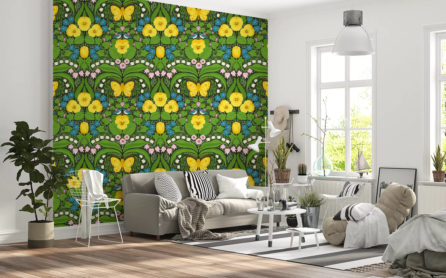 We love the intricate Dollhouse garden, Yellow pansies, birds and butterflies wallpaper.