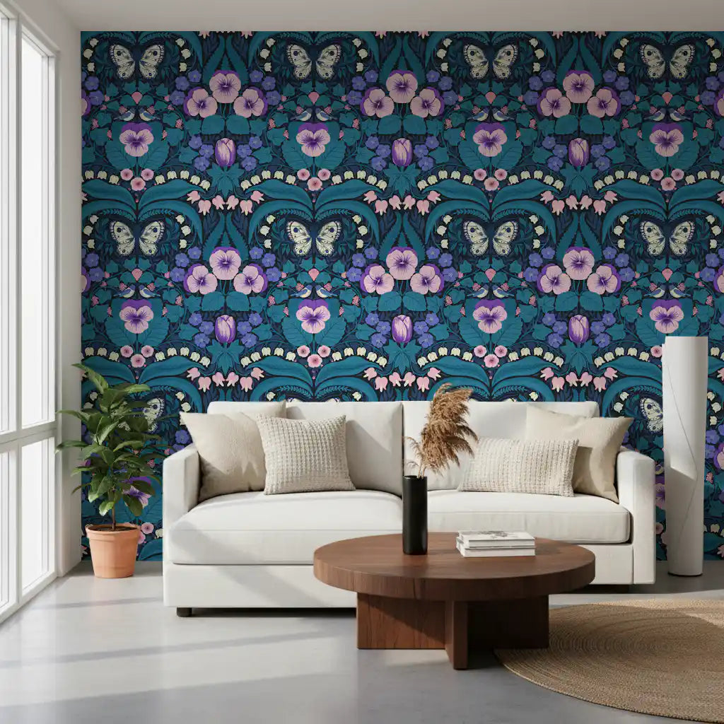 Dollhouse garden, pansies, birds and butterflies Wallpaper⁠