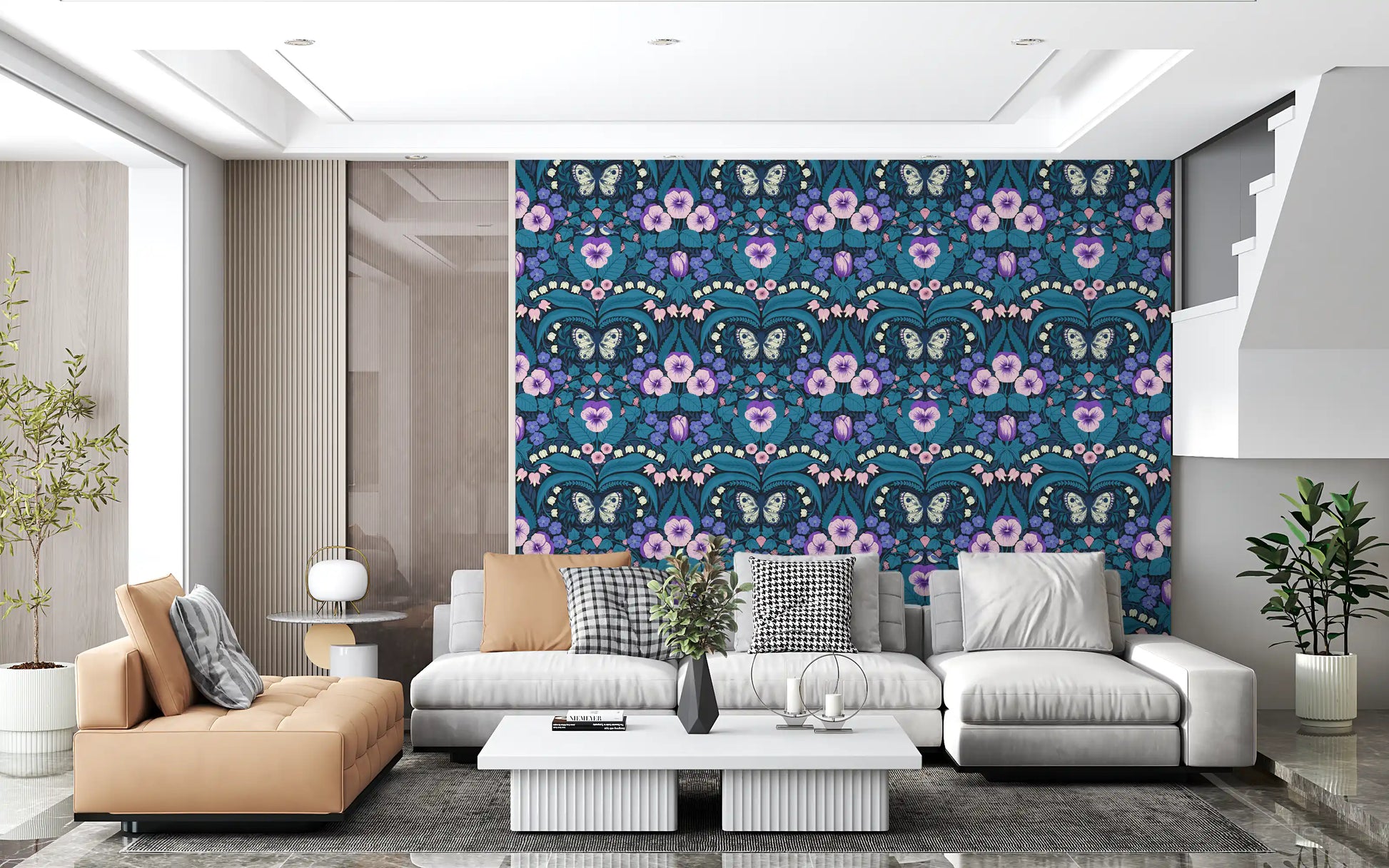 Ornate botanical graphics finish a bright Living room via this wallpaper.