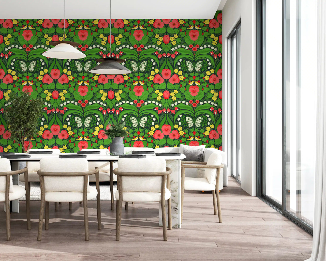 Dollhouse garden, pansies, birds and butterflies 2 Wallpaper⁠