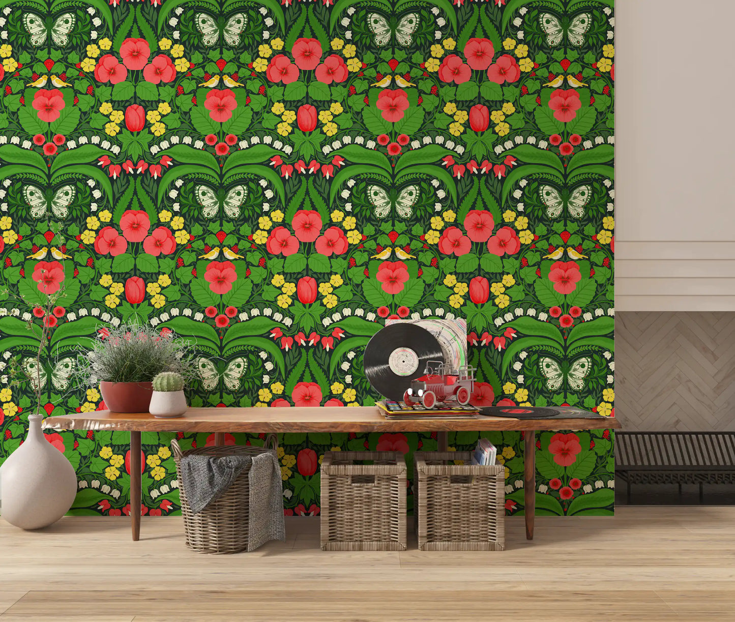 Lush dollhouse wallpaper completely fills the back surface of this wide open hallway.