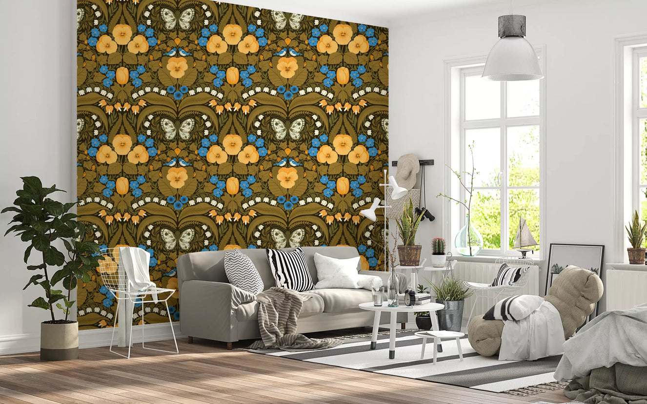 Dollhouse garden, pansies, birds and butterflies 3 Wallpaper⁠