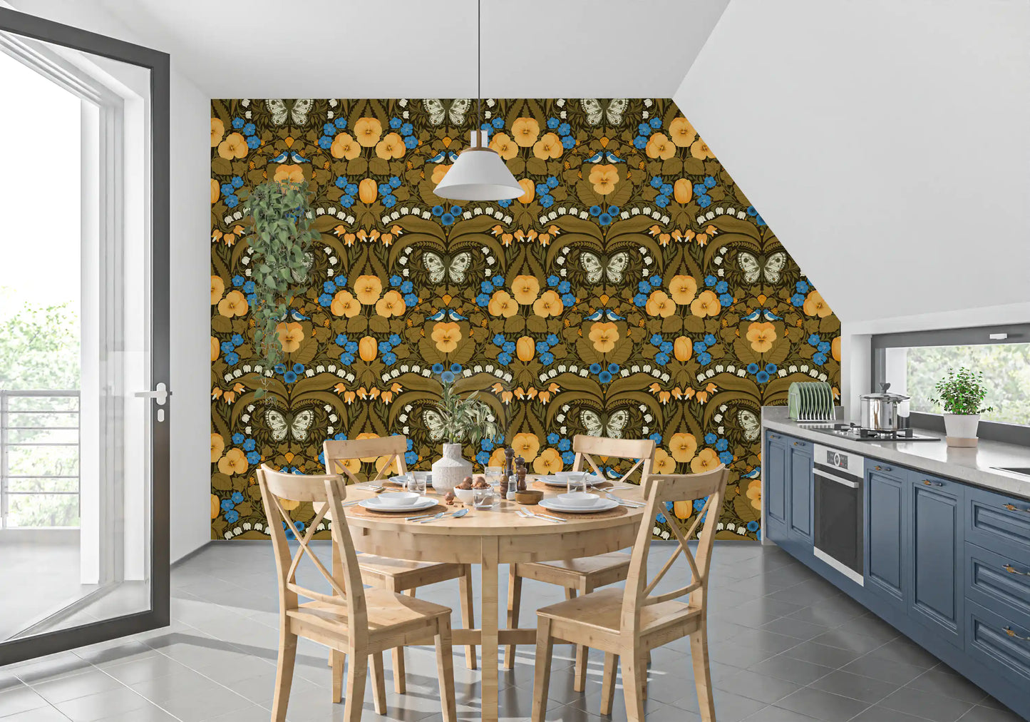Elegant garden wallpaper defines the atmosphere of this bright dining area interior.