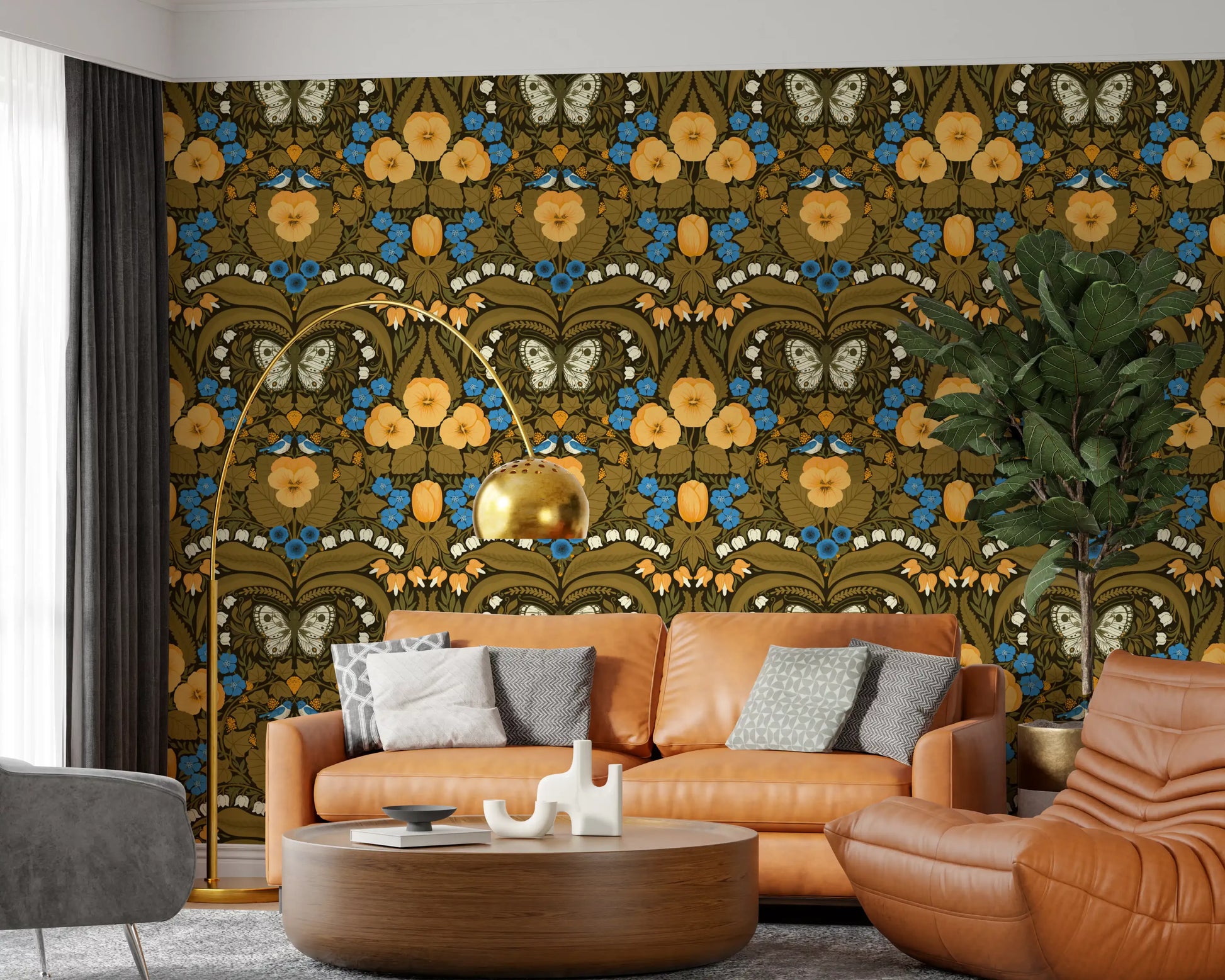 Colorful butterflies feature on the Living room wallpaper inside this home.