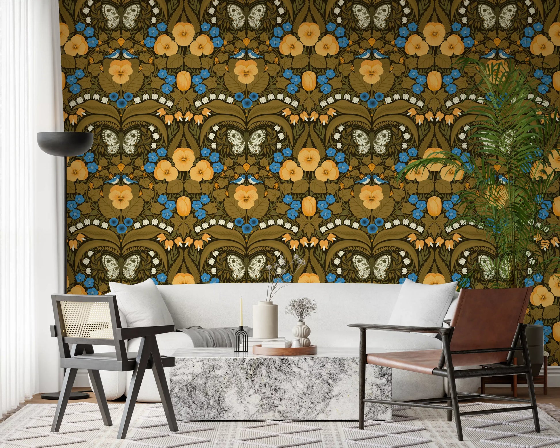 Detailed birds rest calmly on the floral wallpaper design showcasing garden wildlife.