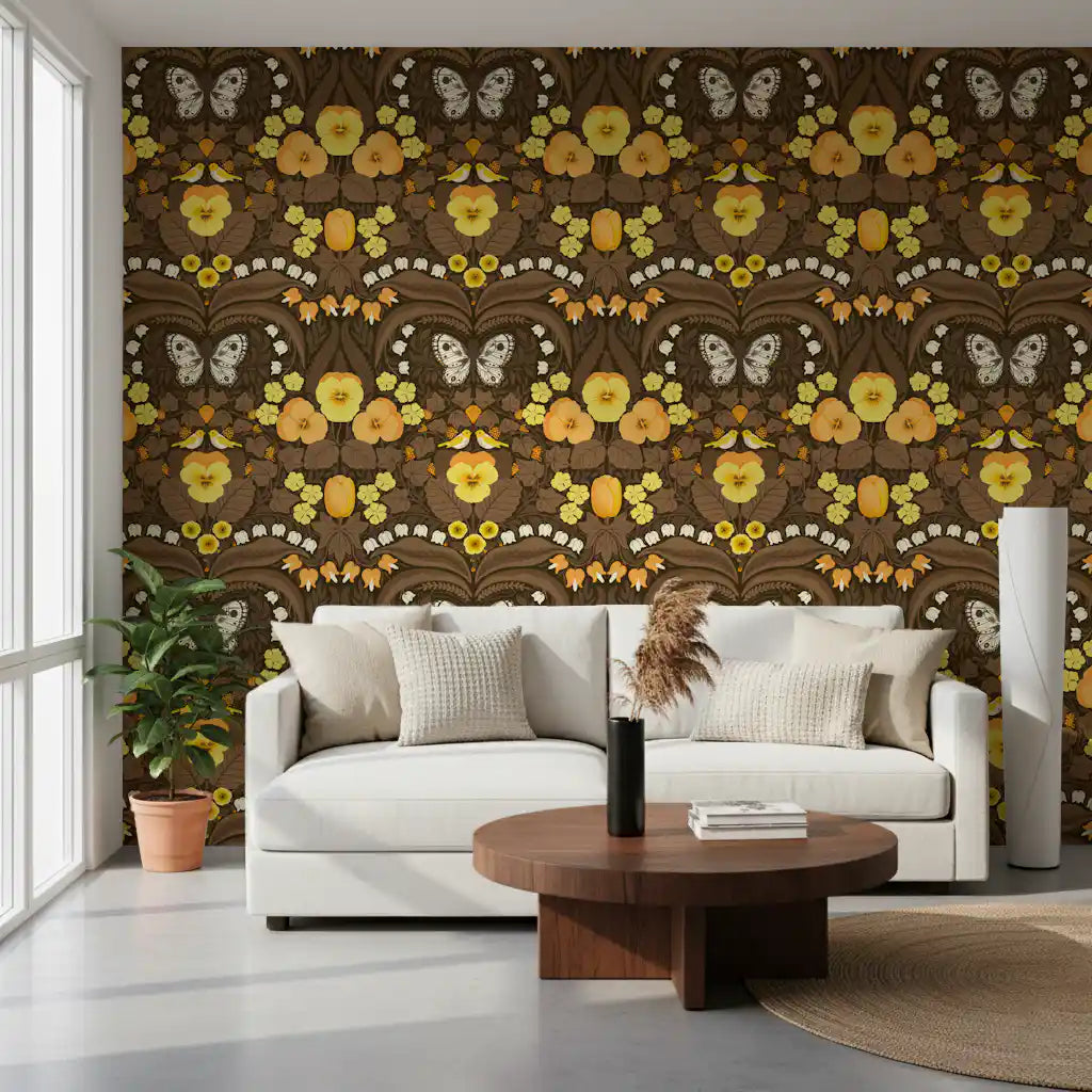 A Living room features the whimsical bird and butterfly wallpaper pattern.