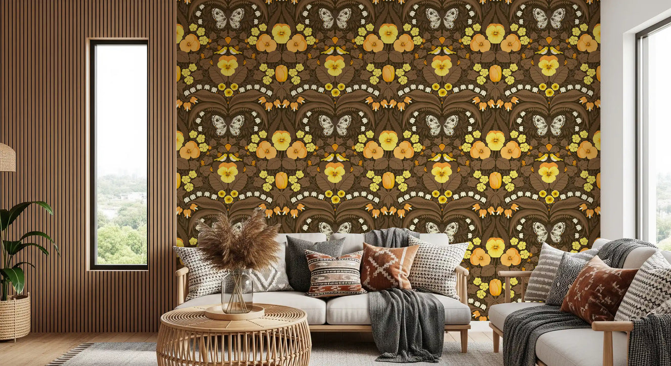 Dollhouse garden, pansies, birds and butterflies 4 Wallpaper⁠