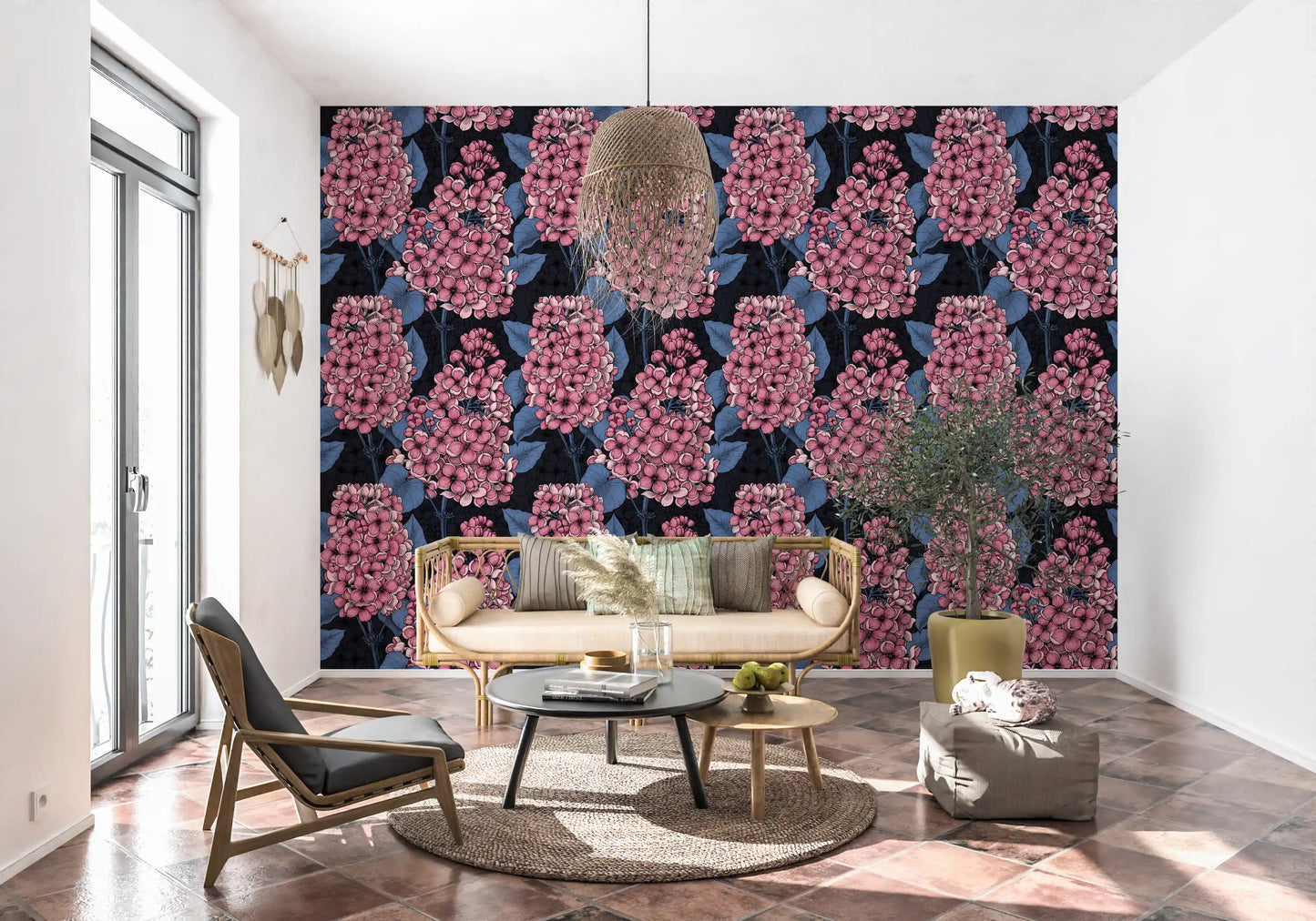 Tall lilac clusters appear upon the fitted wallpaper enclosing a quiet Lounge area 